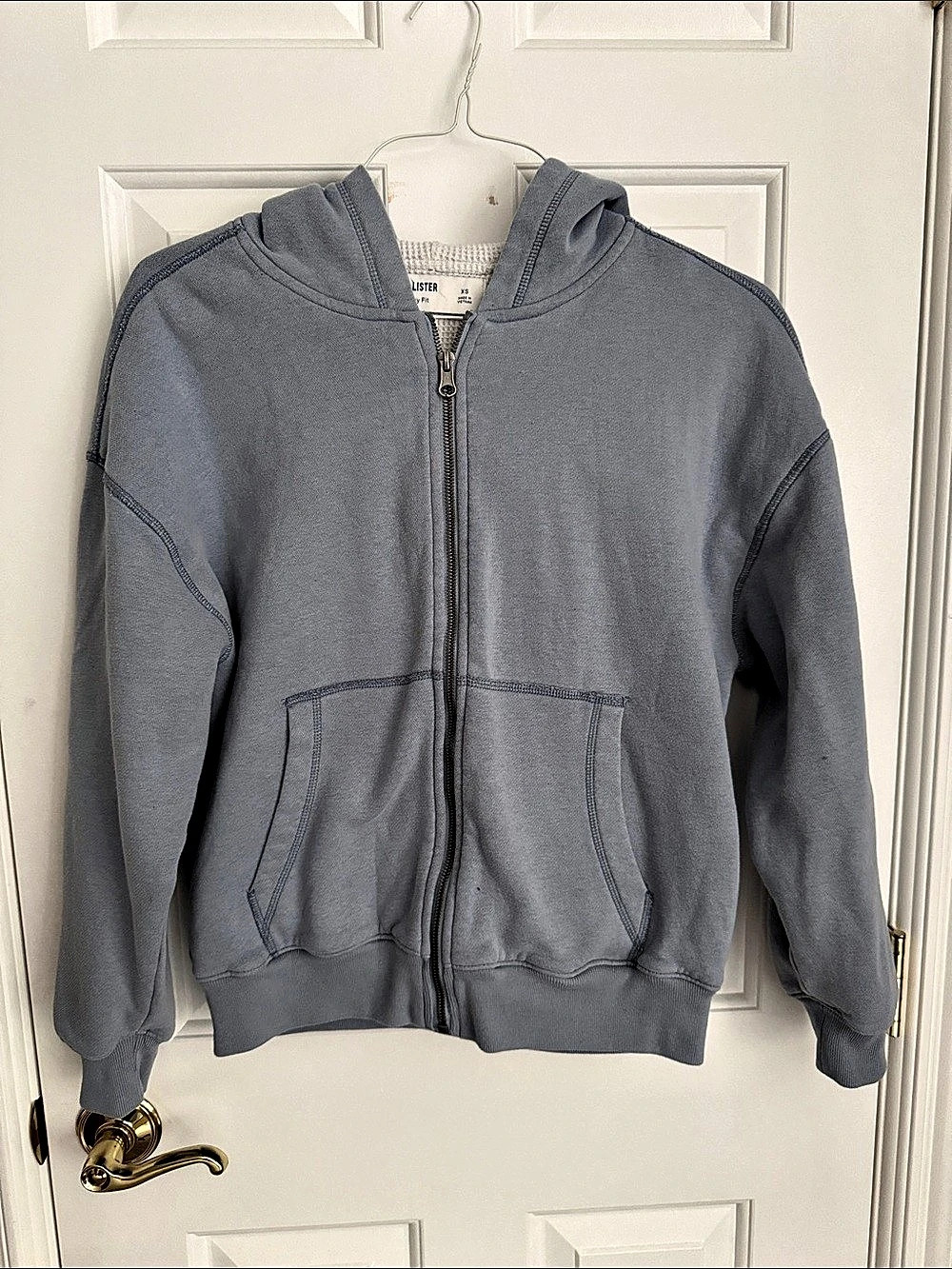 Hollister Boxy Fit Waffle-Lined Zip-Up Hoodie Light Blue XS